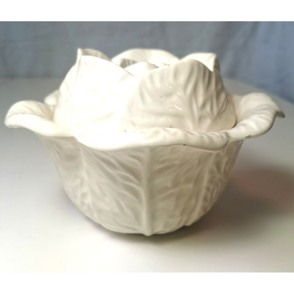 Cabbage Leaf White Trinket Container Hand Made 1975 Signed Jennifer Colangelo